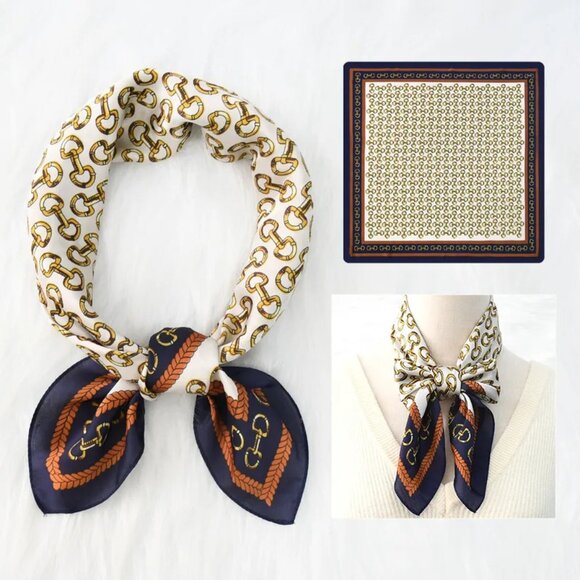 2/$30 Chain Print Square Silky Scarf Blue White Head Neck Tie Bag Decor Bandana - Picture 1 of 6
